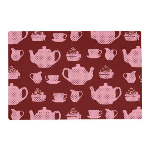 Pink Polka Dot Tea Set on Burgundy Placemat