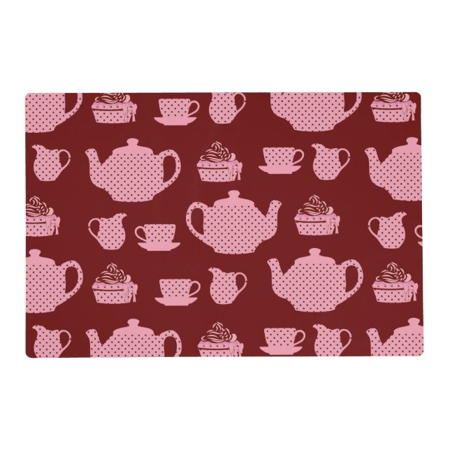 Pink Polka Dot Tea Set on Burgundy Placemat (Front)