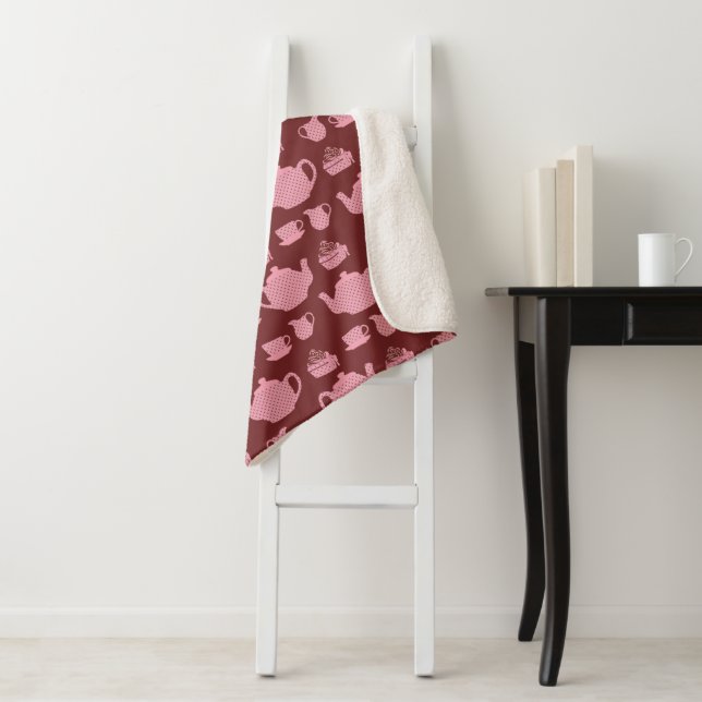 Pink Polka Dot Tea Set on Burgundy Sherpa Blanket (In Situ)