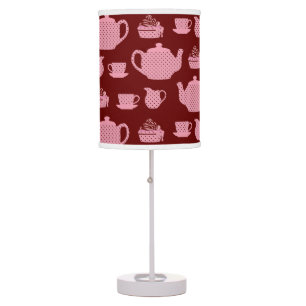 Pink Polka Dot Tea Set on Burgundy Table Lamp