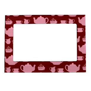 Pink Polka Dot Tea Set Pattern on Burgundy Magnetic Frame
