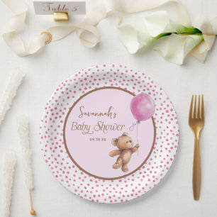 Pink Polka Dot Teddy Bear Baby Shower Paper Plate