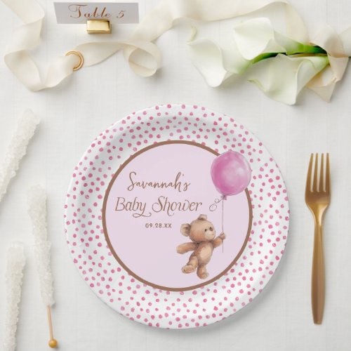 Pink Polka Dot Teddy Bear Baby Shower Paper Plate