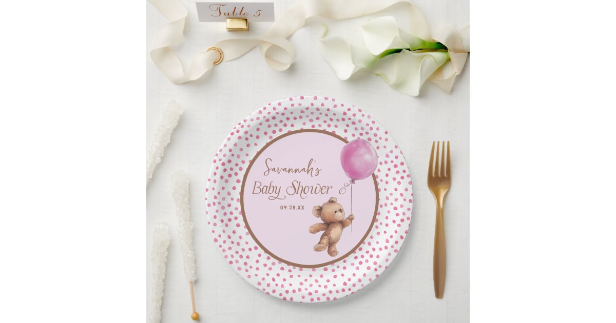 Pink Polka Dot Teddy Bear Baby Shower Paper Plate | Zazzle
