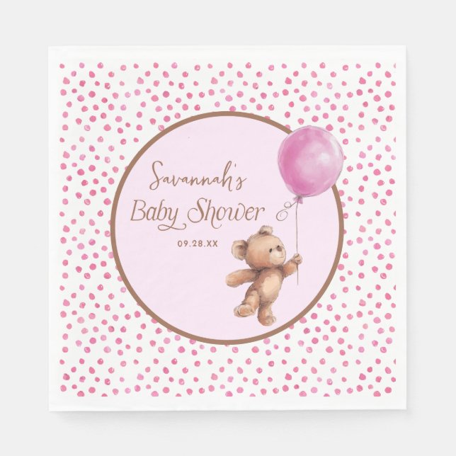 Pink Polka Dot Teddy Bear Balloon Baby Shower  Napkins (Front)