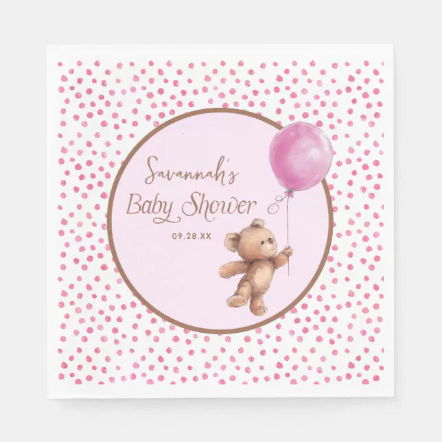 Pink Polka Dot Teddy Bear Balloon Baby Shower Napkins | Zazzle