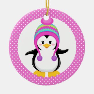 Pink Polka Dot Winter Penguin Girl Ceramic Ornament