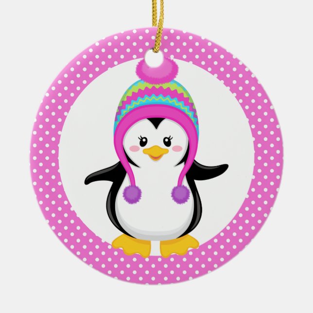 Pink Polka Dot Winter Penguin Girl Ceramic Ornament (Front)