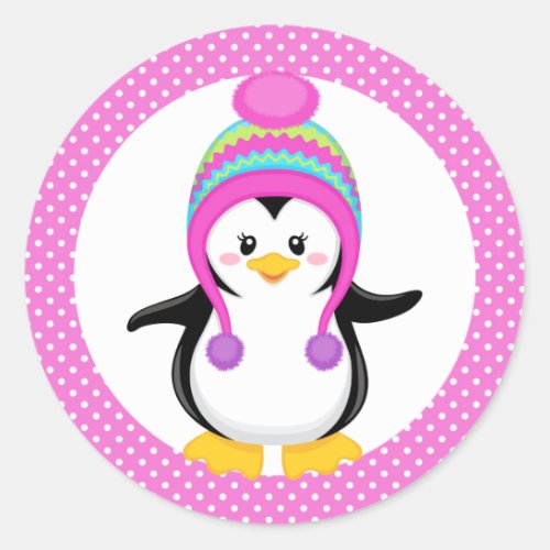 Pink Polka Dot Winter Penguin Girl Classic Round Sticker