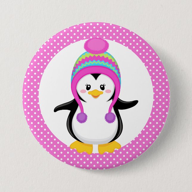 Pink Polka Dot Winter Penguin Girl Pinback Button (Front)