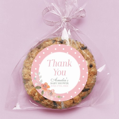 Pink Polka Dot with Delicate Floral Thank You Classic Round Sticker