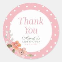 Pink Polka Dot with Delicate Floral Thank You Classic Round Sticker