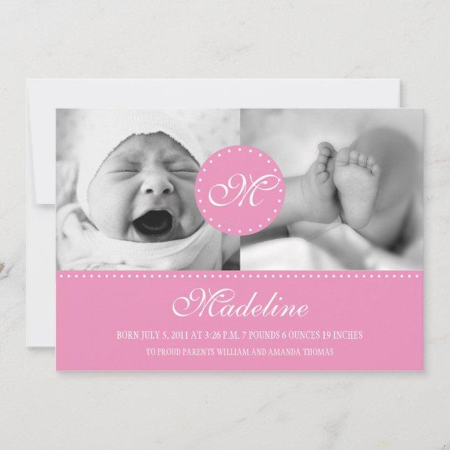 Pink Polka Dot with Monogram Birth Announcement (Front)
