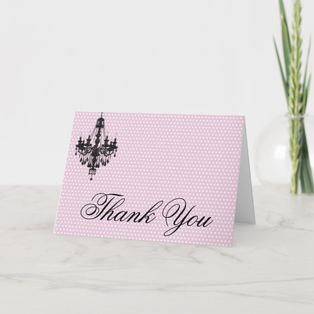 Pink Polka Dots and Black Chandelier Thank You Card (Front)