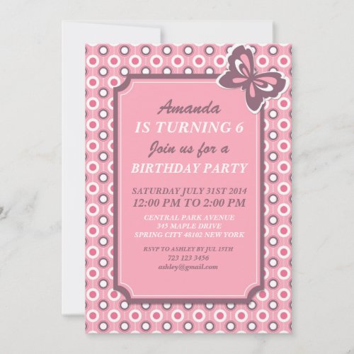 Pink Polka Dots and Butterfly Invitation Card