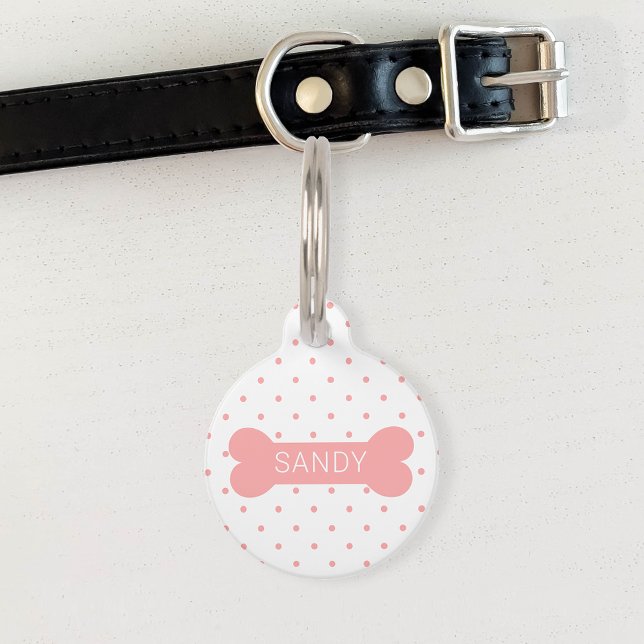 Pink Polka Dots And Dog Bone & Custom Pet Info Pet ID Tag (Please note: This image is a digitally created mockup.)