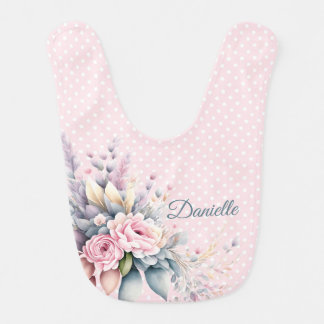 Pink Polka Dots and Old Fashioned Roses  Baby Bib