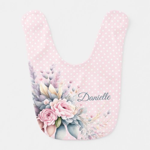 Pink Polka Dots and Old Fashioned Roses  Baby Bib