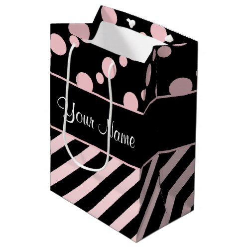 Pink Polka Dots and Stripes On Black Background Medium Gift Bag
