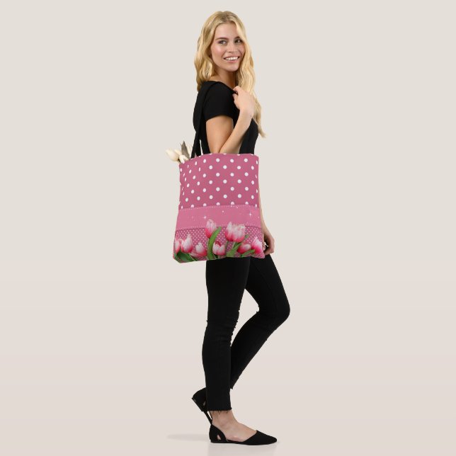 Pink Polka Dots and Tulips, pretty design Tote Bag (On Model)