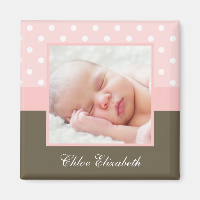 Pink Polka Dots Baby Photo Frame Magnet (Front)