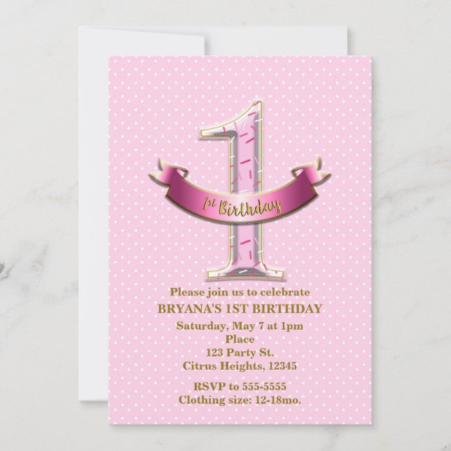 Pink Polka Dots & Banner ONE 1st 1 Birthday Party Invitation (Front)