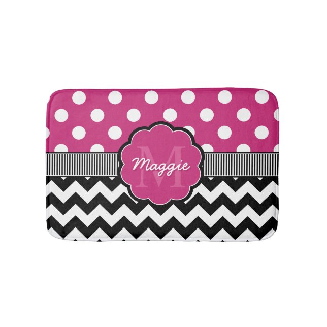 Pink Polka Dots Black Chevron Monogram Bathroom Mat (Front)