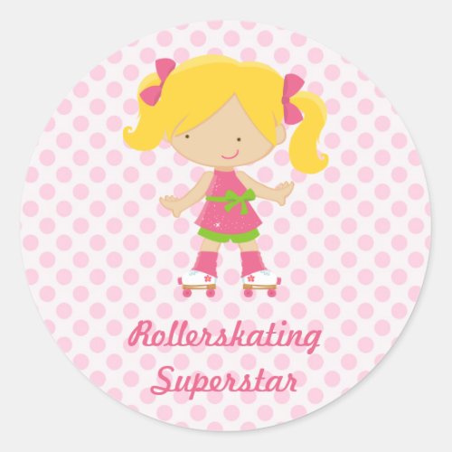 Pink Polka Dots Blonde Rollerskating Superstar Sti Classic Round Sticker