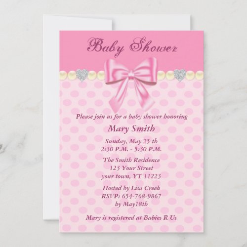 Pink Polka Dots Bow Baby Shower Invitation