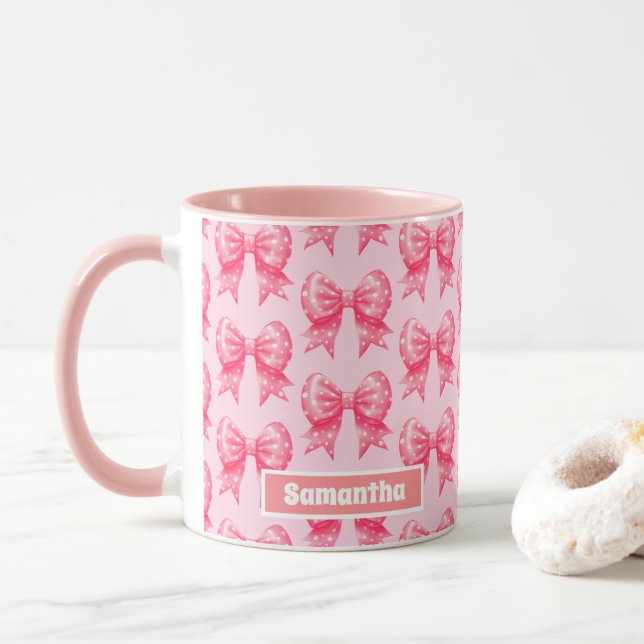 Pink Polka Dots Bow Ribbon Personalized Name Mug (With Donut)
