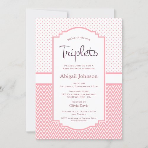 Pink Polka Dots Chevron Stripes Triplets Invitation