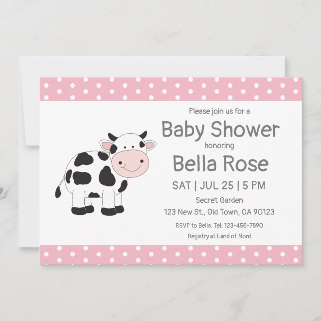 Pink Polka Dots Cow Baby Shower Invitations (Front)