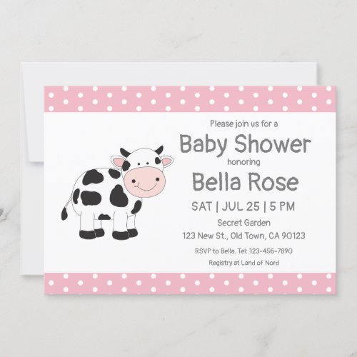 Pink Polka Dots Cow Baby Shower Invitations