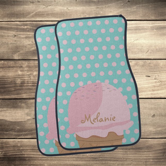 Pink Polka Dots Cute Ice Cream Teal Car Floor Mat (Polka dot fan? Love ice cream? Have a car? Just add your name)