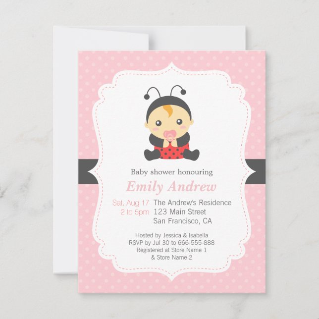 Pink Polka Dots Cute Ladybug Girl Baby Shower Invitation (Front)