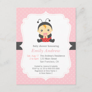 Pink Polka Dots Cute Ladybug Girl Baby Shower Invitation