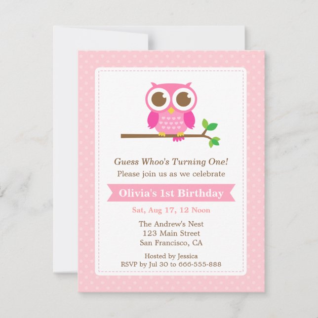 Pink Polka Dots Cute Owl Birthday Party Invitation (Front)