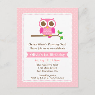 Pink Polka Dots Cute Owl Birthday Party Invitation
