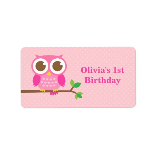 Pink Polka Dots Cute Owl Birthday Party Label