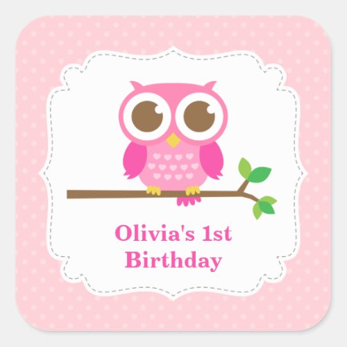 Pink Polka Dots Cute Owl Birthday Party Square Sticker