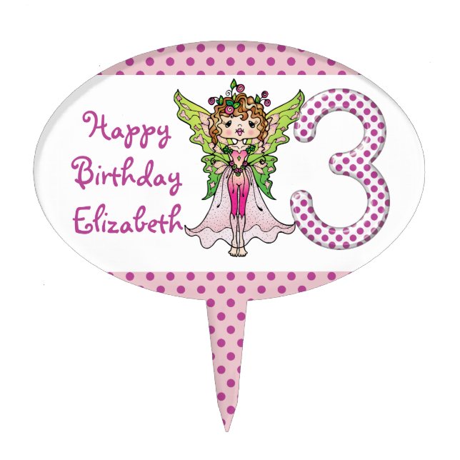 Pink Polka Dots Fairy Princess 3rd Birthday Cake Topper (Front)
