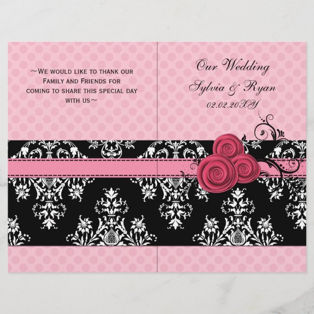 pink polka dots floral book fold Wedding program (Front)