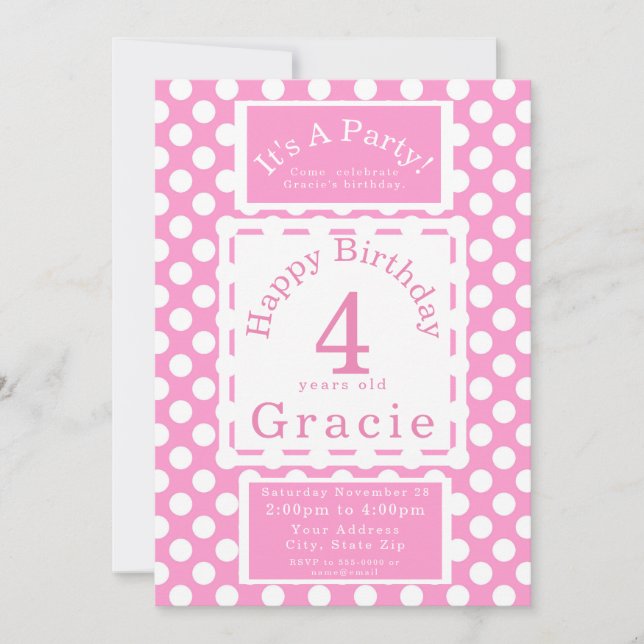 Pink Polka Dots Girls Birthday Party Customizable Invitation (Front)