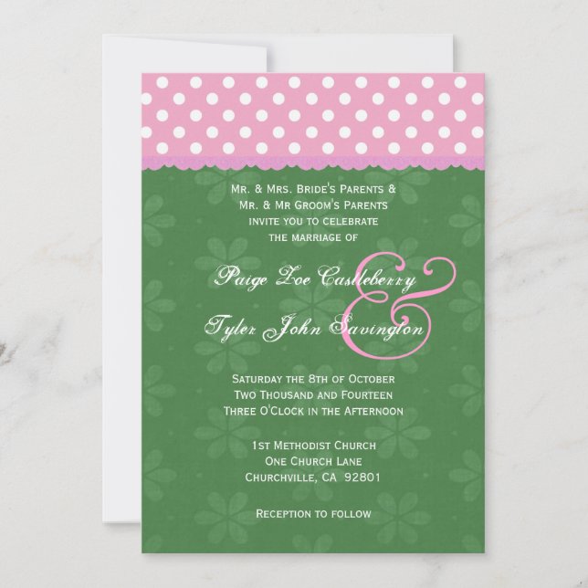 Pink Polka Dots Green and Ribbon Edge Wedding Invitation (Front)