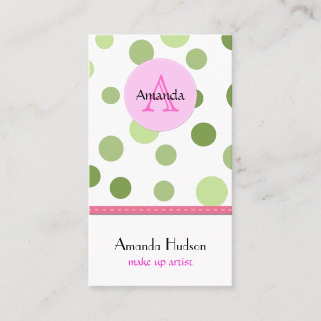 Pink Polka Dots, Green Polka Dots, Dots, Dotted Business Card (Front)