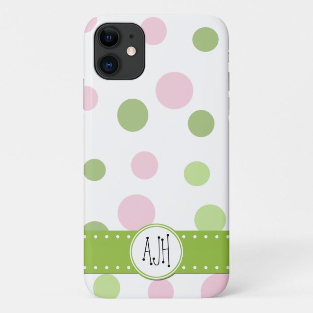 Pink Polka Dots, Green Polka Dots, Monogram Case-Mate iPhone Case (Back)