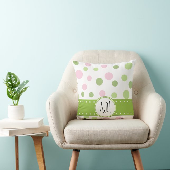 Pink Polka Dots, Green Polka Dots, Monogram Throw Pillow (Chair)