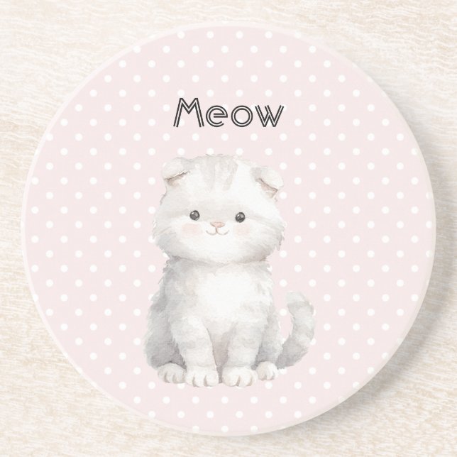 Pink Polka Dots Grey White Cute Kitty Cat  Coaster (Front)
