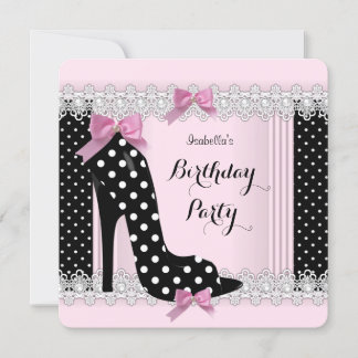 Pink Polka Dots High Heel Birthday Party Invitation