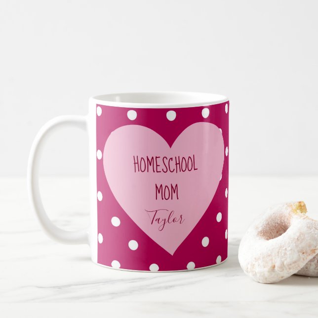 Pink Polka Dots Homeschool Mom Heart Coffee Mug (With Donut)